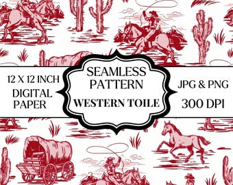 Patrón sin costuras de vaquero del oeste, papel digital de caballo del desierto, estampado toile de rancho vintage, 12x12 JPG PNG, diseño de tela del oeste, AIFILE