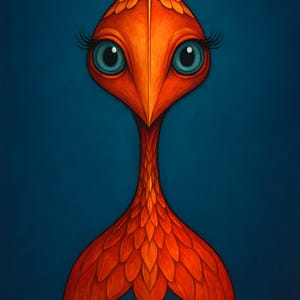 Peut inclure: Illustration fantaisiste d'une créature aviaire aux plumes orange et rouges sur fond bleu foncé. La créature a de grands yeux bleus expressifs avec de longs cils et un cou fin.