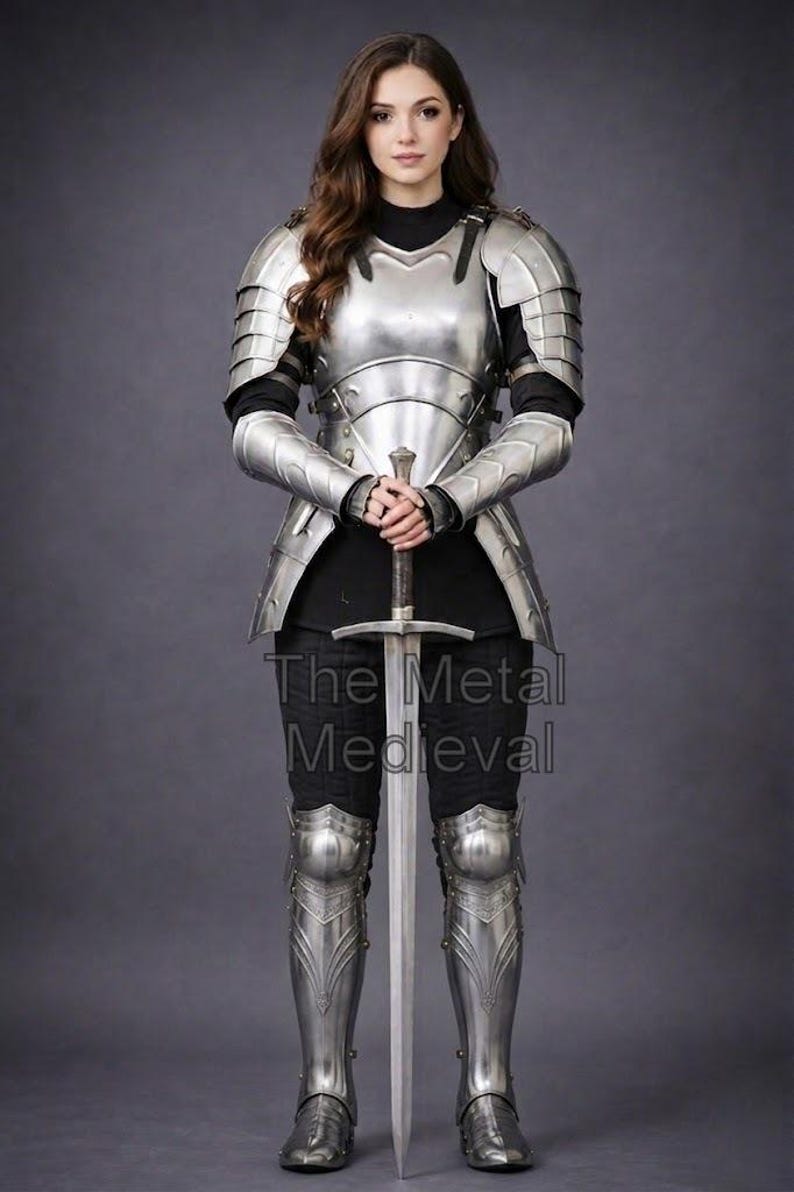 May include: A full suit of polished metal armor, including a breastplate, pauldrons, arm and leg protection, and a helmet. The armor is worn over a black outfit. A long sword is held in front of the body. The text "The Metal Medieval" is visible.