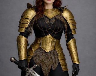 Women Medieval Armor Costume, Fantasy Warrior Outfit, Golden Knight Cosplay, LARP Armor Set Halloween Costume for Women