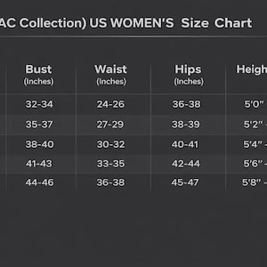 May include: A size chart for US women's clothing from the IAC Collection. The chart includes sizes XS to XL, with bust, waist, and hip measurements in inches, and height ranges from 5'0" to 5'10".