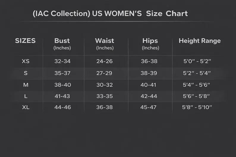 May include: A size chart for US women's clothing from the IAC Collection. The chart includes sizes XS to XL, with bust, waist, and hip measurements in inches, and height ranges from 5'0" to 5'10".