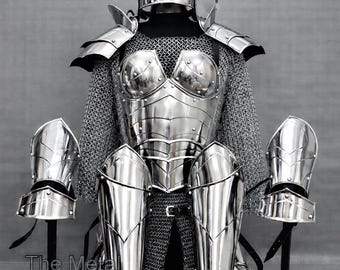 Women’s Medieval Full Armor Set | Polished Steel Fantasy Breastplate, Shoulders, Arm Guards & Leg Greaves | Lady Knight Cosplay LARP Costume