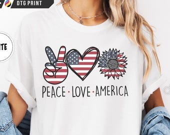 Peace Love America Tee Patriotic Sunflower Graphic Comfort Colors Fourth Of July Shirt