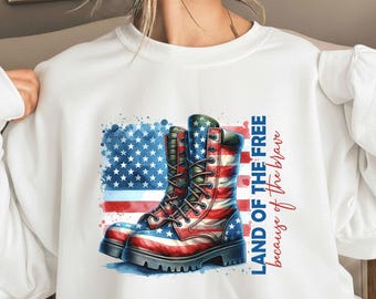 American Flag Combat Boots Sweatshirt, Land of the Free Graphic Apparel
