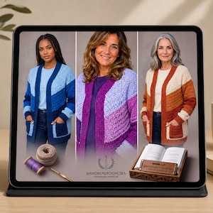 May include: A tablet screen displaying three crochet cardigans in blue, purple, and orange colorways. Each cardigan features a chevron pattern, long sleeves, and two front pockets. The screen includes the text @ANDREACROCHETEA HANDMADE PREMIUM.