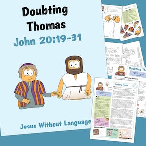 May include: A light blue educational resource titled "Doubting Thomas" with the text "John 20:19-31" and "Jesus Without Language." The image features cartoon illustrations of two figures and several pages of educational materials.