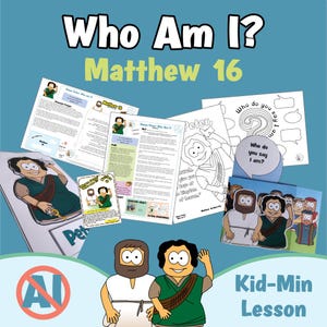 May include: A collection of educational printables for a lesson on Matthew 16, featuring cartoon illustrations of biblical figures, text reading Who Am I? Matthew 16, and activity sheets with prompts, coloring pages, and craft instructions for children.