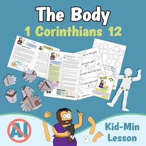 May include: A religious educational kit titled The Body 1 Corinthians 12, featuring printed lesson sheets, a white paper cutout figure with brown joints, puzzle pieces, and a cartoon illustration of a person in a purple robe on a blue background.
