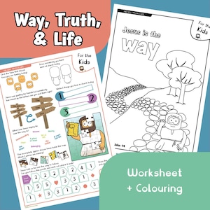 May include: Two-page worksheet and coloring book for kids with the text "Way, Truth, & Life" at the top. One page has a road illustration with the text "Jesus is the way". The other page has activities.