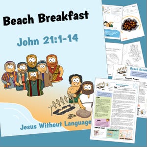 Op de afbeelding: Een kleurrijke illustratie getiteld "Beach Breakfast" met de tekst "John 21:1-14." De afbeelding bevat cartoonfiguren en bedrukte pagina's met discussie-aanwijzingen en extra bronnen. De zin "Jesus Without Language" is ook zichtbaar.