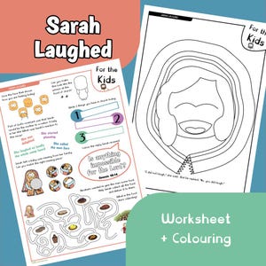May include: Two worksheets with the text "Sarah Laughed" and "For the Kids". One is a colouring page of a smiling woman. The other has a maze and fill-in-the-blank questions. The words "Worksheet + Colouring" are also present.