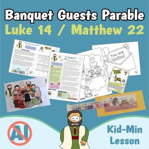 Może przedstawiać: Zestaw materiałów edukacyjnych zatytułowanych Banquet Guests Parable Luke 14 / Matthew 22, zawierający ilustrowane arkusze lekcyjne, kolorowanki z napisem You are Invited, papierową wycinankę oraz postać do wycięcia.