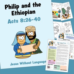 Puede incluir: Un recurso educativo azul claro titulado "Philip and the Ethiopian" con el texto "Hechos 8:26-40". La imagen presenta ilustraciones de dibujos animados de dos hombres y varias hojas de actividades con indicaciones de discusión e ideas de manualidades. La frase "Jesus Without Language" también es visible.