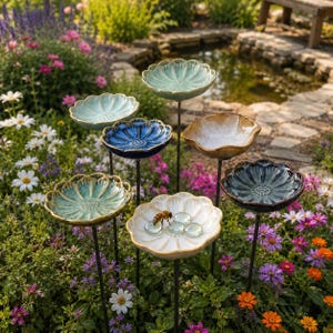 May include: A selection of ceramic flower-shaped bird baths in shades of blue, green, and cream, with a bee and glass beads in one. The bird baths are mounted on black metal stakes, set in a garden with a pond.