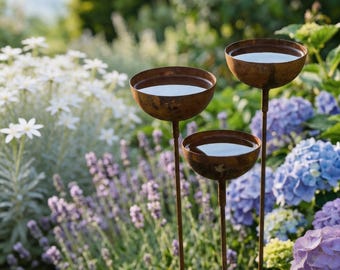 Tiered Bird Bath & Bee Water Feeder Garden Stake Set 26.7in, Pollinator Garden Decor, Metal Outdoor Yard Art