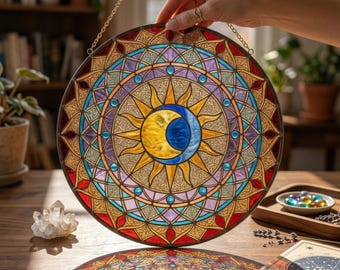 Celestial Mandala Stained Glass Suncatcher, Geometric Mandala Window Hanging, Gifts for Astronomy Enthusiasts, Mandala Style Interior Design