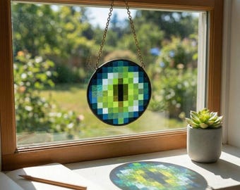 Eye of Ender Glass Suncatcher, Minecraft Inspired Window Hanging, Gaming Room Decor, Gamer Gift for Him, Video Game Collectibles