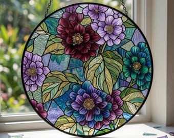 Purple Peony Stained Glass Suncatcher, Botanical Floral Window Hanging, Vintage Aesthetic Sun Catcher, Garden Decor Gift for Home