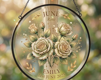 Personalized Birth Flower Suncatcher, Custom Rose Window Hanging, Name and Date Birthday Gift, Grandma Gift Memorial Decor, Glass Art