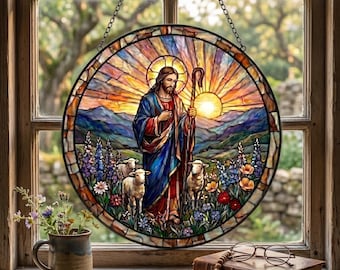 Christian Religious Art Suncatcher, Jesus Good Shepherd Window Hanging, Grandma Spiritual Gift, Catholic Faith Decor