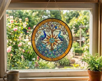 Peacock Stained Glass Window Hanging, Tree of Life Glass Suncatcher, Boho Home Decor Ornament, Mother's Day Gift, Bird Suncatcher for Garden