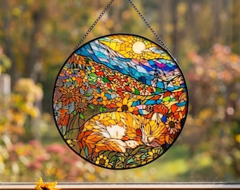 Sleeping Fox Stained Glass Suncatcher, Autumn Sunflower Window Hanging, Forest Animal Home Decor, Nature Lover Gift, Mosaic Glass Art Piece