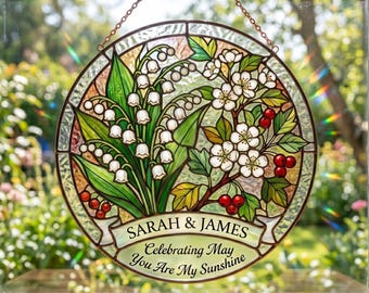 Personalized Birth Flower Suncatcher - Custom Round Stained Glass Window Hanging, Gift for Mon Or Grandma, Custom Name & Message