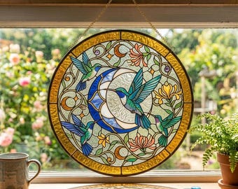 Hummingbird Stained Glass Suncatcher, Crescent Moon Window Hanging, Moon and Bird Decor, Gift for Grandma, Nature Lover Gift
