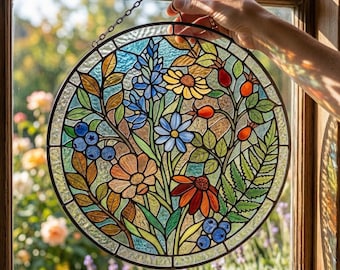 Wildflower Stained Glass Suncatcher, Botanical Floral Window Hanging, Boho Garden Decor, Mother's Day Gift, Flowers Suncatcher for Garden