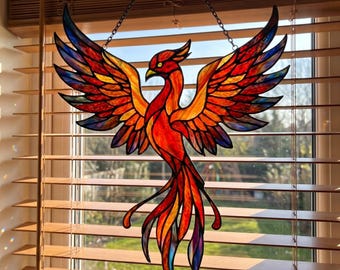 Phoenix Glass Suncatcher, Custom Shaped Firebird Window Hanging, Mythical Bird Art Decor, Rebirth Symbol Gift, Rainbow Maker