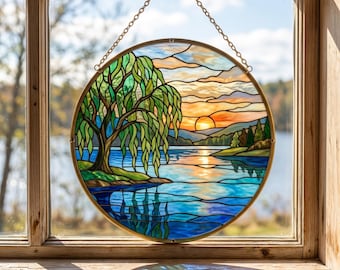 Weeping Willow Stained Glass Window Hanging, Lake Sunset Suncatcher for Lake House Decor, Nature Art Garden Ornament, Rainbow Maker