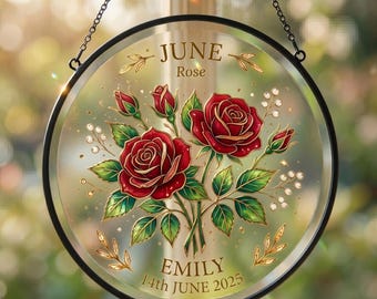 Personalized Red Rose Birth Flower Suncatcher, Custom June Flower Window Hanging, Lover  Birthday Gift, Grandma Memorial Decor, Glass Art