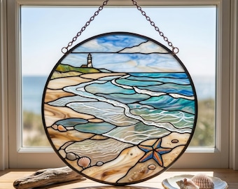 Stained Glass Beach Suncatcher, Ocean Wave Window Hanging, Coastal Home Decor, Beach Lover Gift, Handmade Sunrise Landscape Art