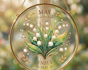 Atrapasueños personalizado con la flor de nacimiento de mayo, adorno de vidriera de lirio del valle para colgar en la ventana, regalo personalizado con la flor de nacimiento para bebé