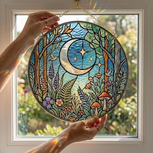 Puede incluir: Vidriera redonda que representa una luna creciente, estrellas, árboles y flores. La obra de arte tiene un tema de bosque con una paleta de colores azul, verde, naranja y morado. La ventana está sujeta por una cadena dorada.