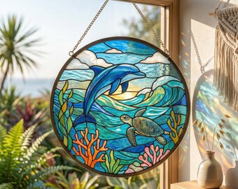 Dolphin & Sea Turtle Stained Glass Suncatcher, Ocean Reef Window Hanging, Coastal Beach House Decor, Marine Life Lover Gift