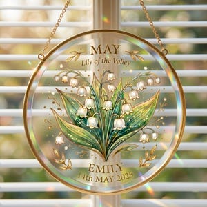 Personalized May Birth Flower Suncatcher, Custom Lily of the Valley Window Hanging, Name & Date Birthday Gift, Grandma Gift Memorial Decor
