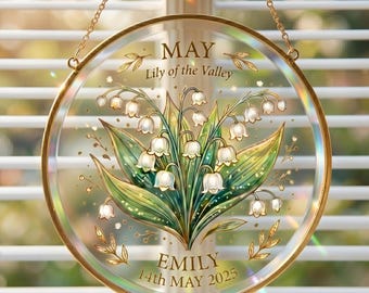 Personalized May Birth Flower Suncatcher, Custom Lily of the Valley Window Hanging, Name & Date Birthday Gift, Grandma Gift Memorial Decor