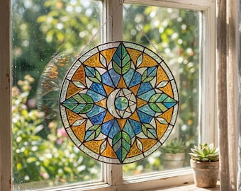 Geometric Star Stained Glass Suncatcher, Botanical Leaf Window Hanging, Boho Floral Glass Decor, Nature Lover Gift, Rainbow Maker