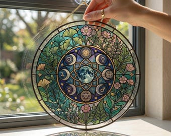 Celestial Moon Phase Stained Glass Suncatcher, Botanical Mandala Art, Rainbow Maker Home Decor, Mother's Gifts, Moon Suncatcher For Garden