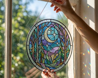 Starry Night Forest Suncatcher, Celestial Moon Rainbow Maker, Woodland Stained Glass Hanging, Mother's Day Gift, Suncatcher for Garden