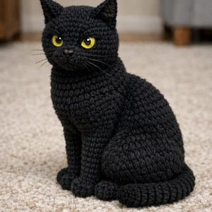 May include: A handmade black crochet cat figurine with bright yellow eyes. The cat is sitting upright on a light-colored carpet. The cat's ears are pointed, and its tail is curled.