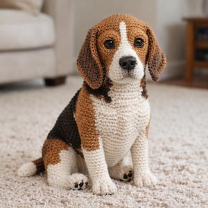 Könnte beinhalten: Ein gehäkelter Beagle-Hund mit braunen, weißen und schwarzen Markierungen sitzt auf einem hellfarbigen Teppich. Der handgefertigte Hund hat Schlappohren, einen weißen Streifen auf dem Kopf und eine schwarze Nase. Der Hund ist eine weiche Skulptur.