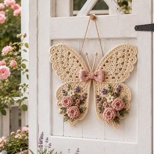 Può includere: Un'applique a farfalla all'uncinetto beige con fiocco rosa e decorazioni floreali. La farfalla ha ali traforate ed è decorata con rose rosa, fiori viola e foglie verdi. Appesa a una porta di legno.