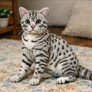 Può includere: Un gatto all'uncinetto fatto a mano in posizione seduta. Il gatto presenta un motivo a strisce grigie e bianche con macchie nere, occhi verdi e dettagli rosa sulle orecchie e sul naso. È seduto su un tappeto fantasia.