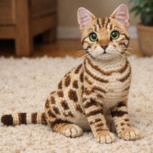 Peut inclure: Figurine de chat Bengal crochetée, avec un motif tacheté marron et beige. Le chat a des yeux verts et un design détaillé, assis sur un tapis crème. La queue du chat est rayée et les oreilles sont pointues.