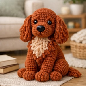 Op de afbeelding: Een handgemaakte gehaakte hond in een zittende positie. De hond heeft een warme, roodbruine kleur met een lichtere beige vlek op de borst. Hij heeft zwarte ogen en een zwarte neus. De hond zit op een neutraal gekleurd tapijt.