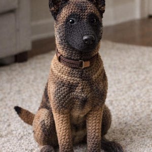 May include: A crocheted dog figurine in shades of brown and black, with a brown collar. The handmade dog is sitting on a light-colored carpet. The dog's ears are perked up, and it has a black nose.