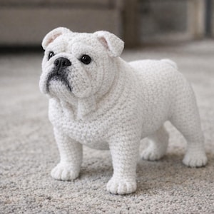 以下が含まれることがあります： 手作りの白いかぎ針編みのブルドッグの置物。犬は特徴的なしわのある顔、黒い鼻、小さくて暗い目をしています。ブルドッグは四つん這いになっており、頑丈な作りと詳細なかぎ針編みの作品を披露しています。インテリア雑貨。